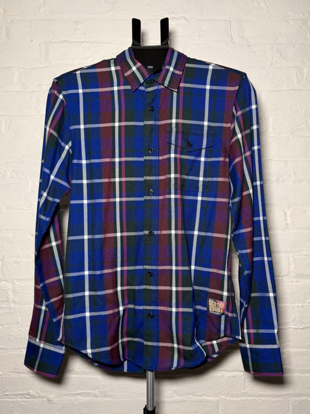 Scotch & Soda Men's Blue and Burgundy Plaid Button-Up Long Sleeve  Shirt 152157